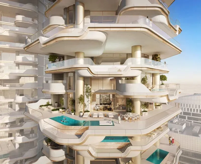 تصميم معمارى لبرجين سكنيين فاخريين في دبي، يبرز شرفات سباحة خاصة وحوض سباحة سماوي، مع إطلالات على برج خليفة.