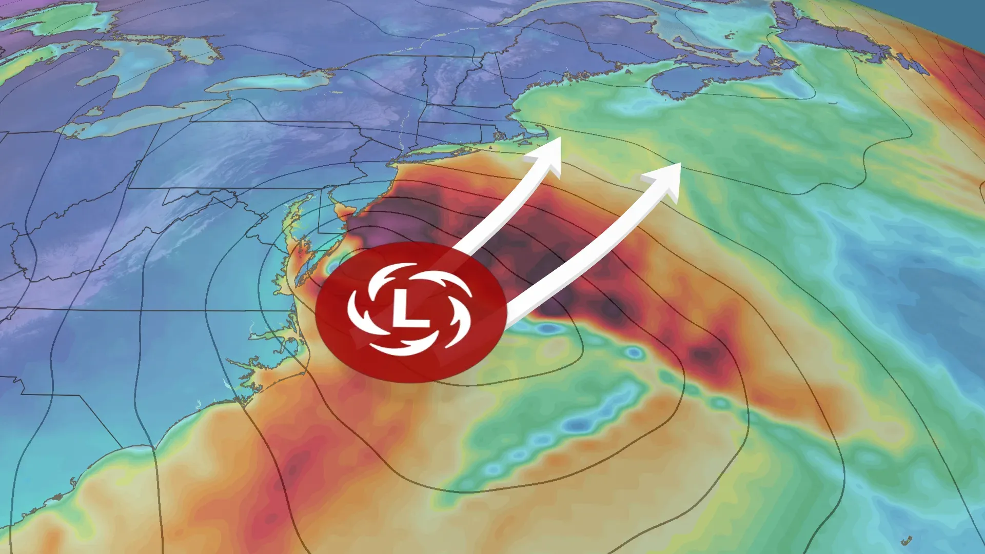 تظهر الصورة نمط حركة عاصفة محتملة قبالة سواحل المحيط الأطلسي، مع توضيح المسارات المختلفة التي قد تتخذها، مما يؤثر على توقعات الثلوج في الشمال الشرقي.