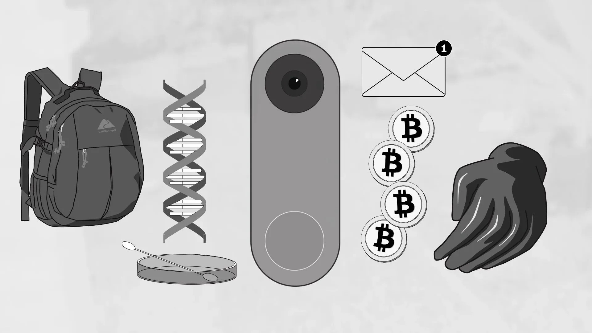 صورة توضح العناصر الرئيسية في قضية اختطاف نانسي غوثري، تشمل حقيبة ظهر، حمض نووي، كاميرا، قفاز، وملاحظات فدية.