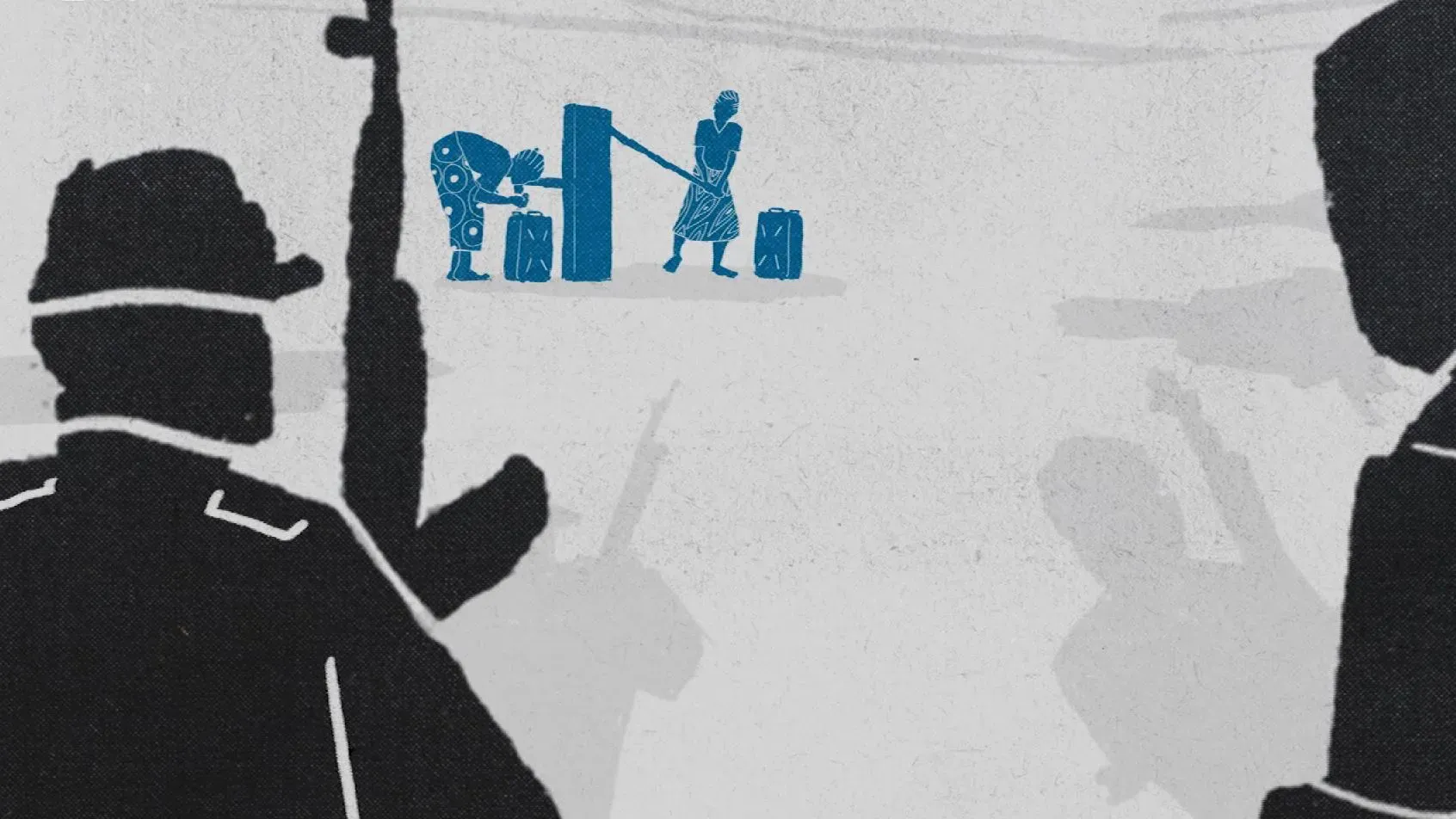 مشهد يعبّر عن العنف في شرق جمهورية الكونغو، حيث يظهر رجال مسلحون يهددون مدنيين، مما يعكس أزمة الاغتصاب والعنف الجنسي.