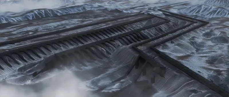 تصور هندسي يوضح خنادق مخصصة لتوجيه الحمم البركانية، مما يسهل استخدامها في بناء هياكل جديدة مستدامة.