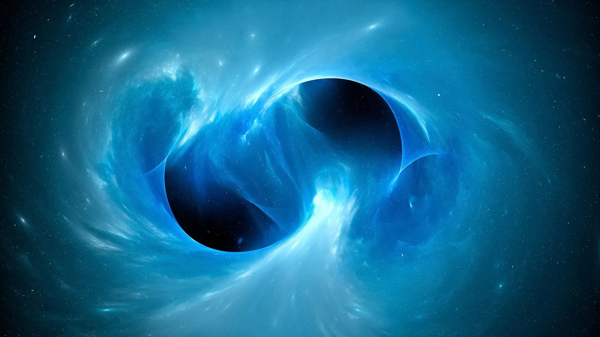 تجسيد فني لثقبين أسودين يتصادمان في الفضاء، مع تموجات جاذبية تظهر حولهما، تمثل حدث GW231123 المذهل.