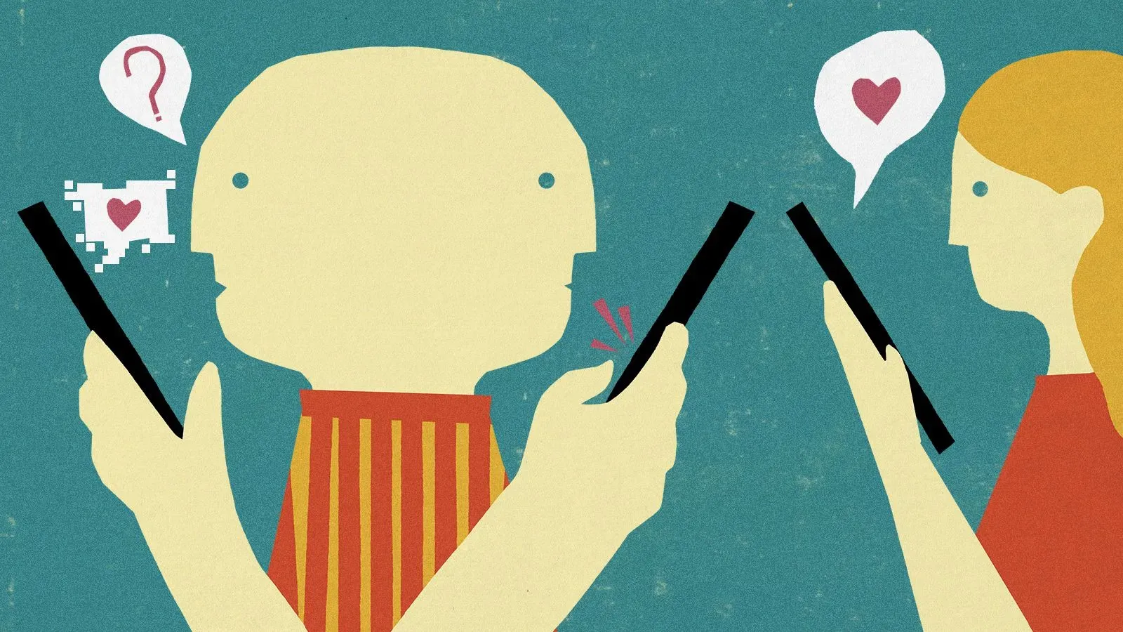 شخصيتان تتبادلان الرسائل النصية عبر الهواتف، تعبيرات وجههما تعكس مشاعر مختلطة من القلق والاهتمام، مما يعكس تأثير الذكاء الاصطناعي على العلاقات.