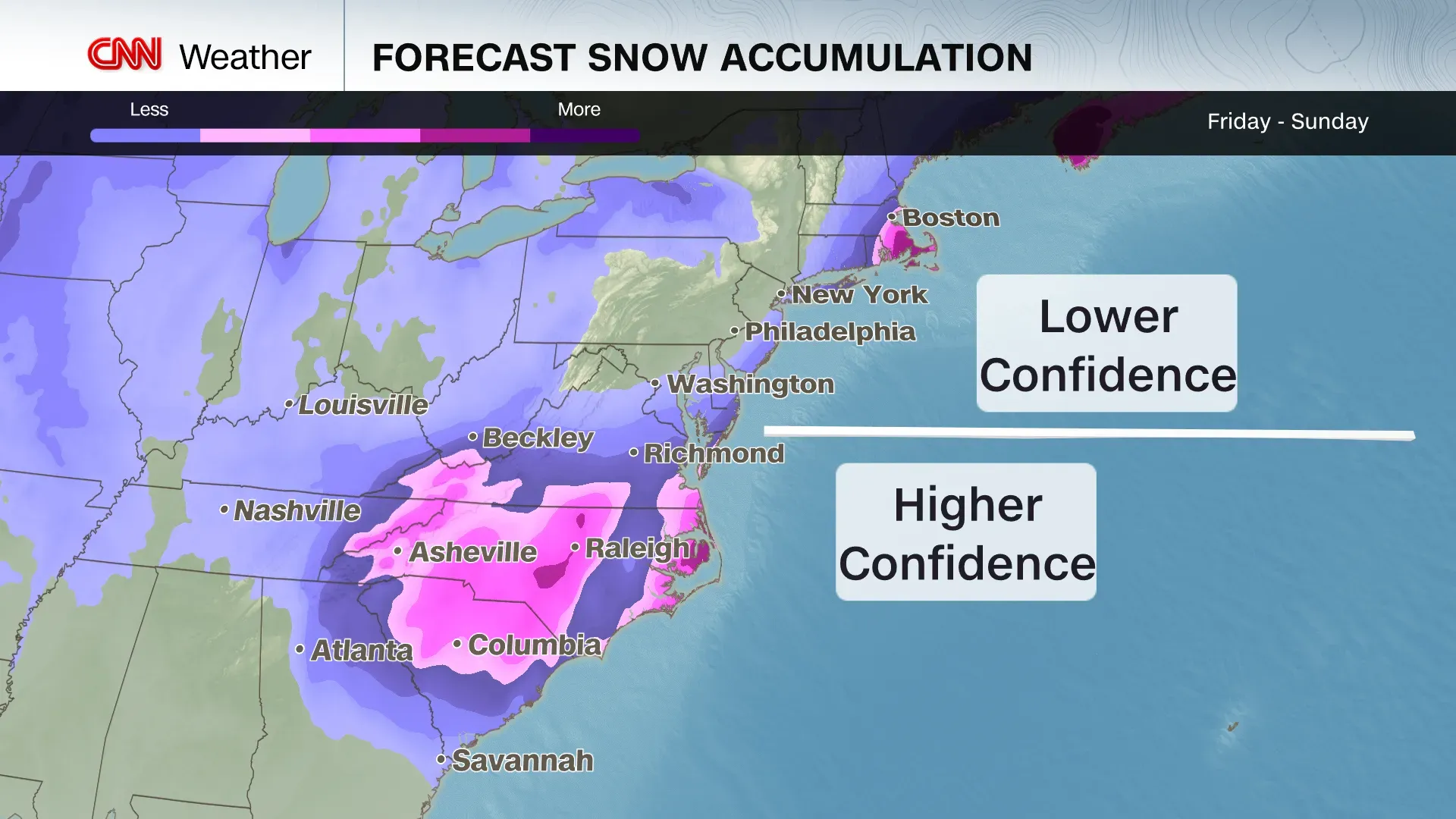 توقعات تساقط الثلوج من الجمعة إلى الأحد، مع مناطق ذات ثقة منخفضة وأخرى مرتفعة، تشمل الشمال الشرقي والجنوب الشرقي.