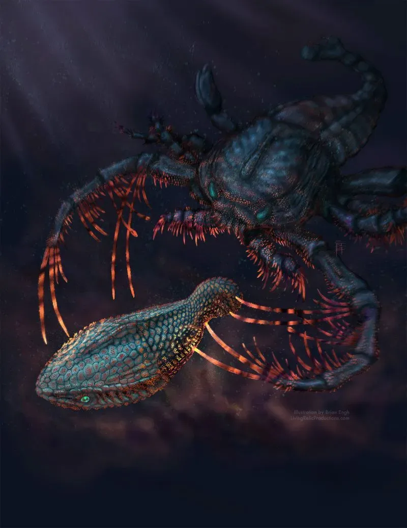 مخلوق بحري قديم يظهر في مواجهة بين سمكة فقارية وجراد البحر، مع تفاصيل دقيقة تعكس تطور الحواس في الكائنات البحرية.