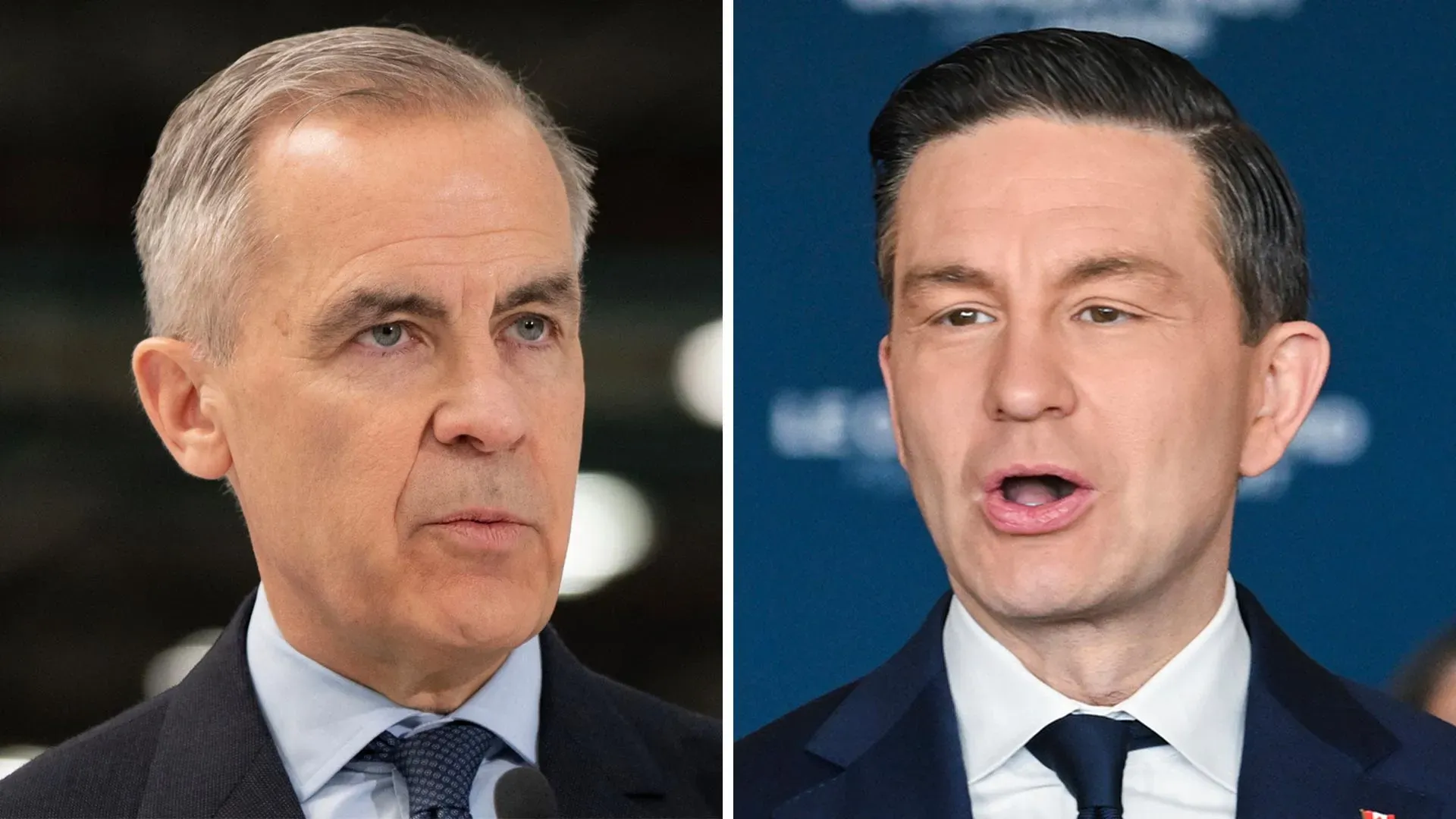 صورة لرئيس الوزراء الكندي مارك كارني وزعيم حزب المحافظين بيير بويليفر، يتنافسان في الانتخابات الفيدرالية وسط توترات تجارية مع الولايات المتحدة.