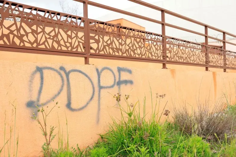 كتابة على جدار بلون برتقالي تظهر اختصار "DDPF"، وهو مرتبط بهجمات على السجون الفرنسية، وسط أعشاب نابتة.