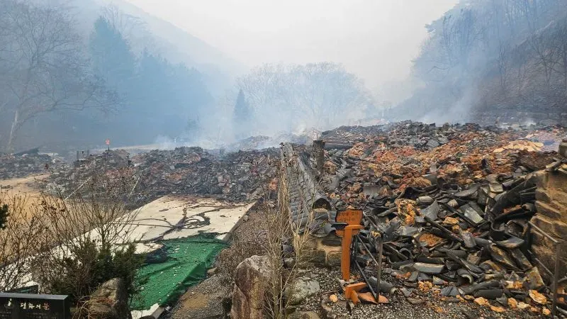 تظهر الصورة موقعًا محترقًا لمعبد بوذي تاريخي في كوريا الجنوبية بعد حرائق الغابات، مع آثار الدمار الواضحة.