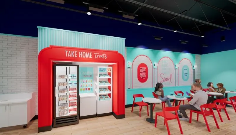 تصميم داخلي لمطعم "سينابون سويرل" الجديد، يبرز منطقة تناول الطعام مع ألوان زاهية ورفوف لحلويات كارفيل، مستهدفًا الجيل Z وجيل الألفية.