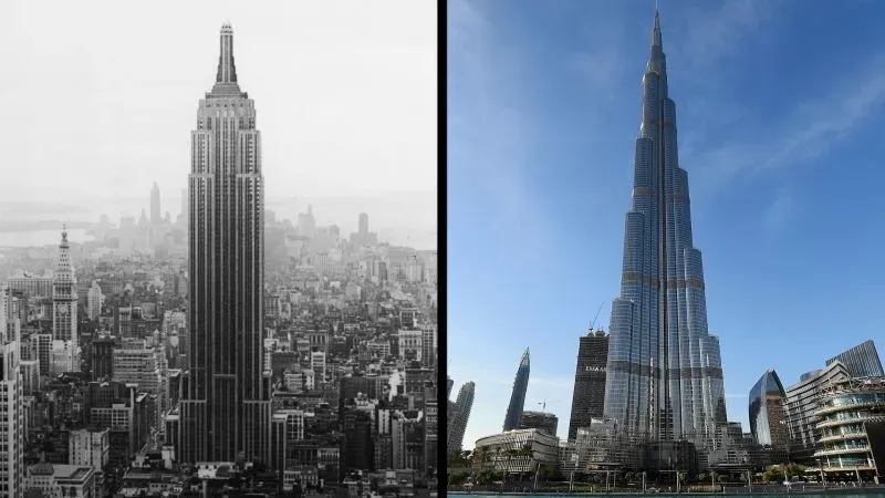 مقارنة بين مبنى إمباير ستيت في نيويورك وبرج خليفة في دبي، يظهر الفارق في التصميم والارتفاع، مع التركيز على العمارة الحديثة.