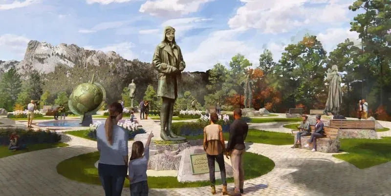 تصميم تخيلي لحديقة النحت الأمريكية، مع تماثيل لأبطال أمريكيين، محاطة بأشجار وحدائق، تحت جبل راشمور.