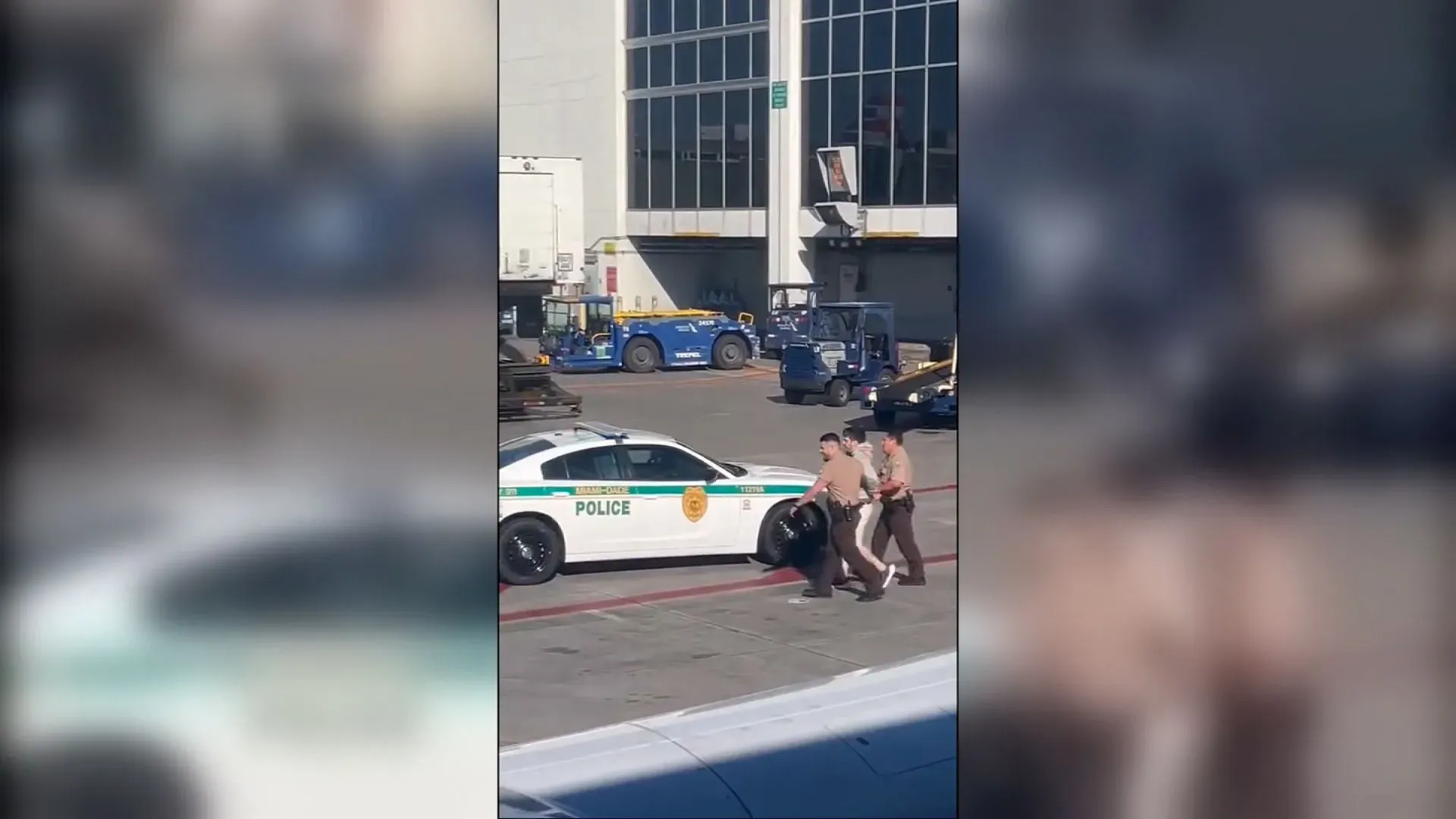اعتقال زوجين في مطار ميامي الدولي بعد شجار، حيث تظهر الشرطة وهي تقودهم بعيدًا عن بوابة الرحلة.
