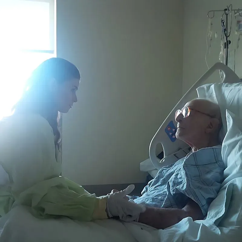 امرأة شابة تجلس بجانب رجل مسن في سرير مستشفى، ممسكة بيده، بينما يتسلل الضوء من نافذة خلفية، مما يضفي جوًا من الحميمية والود.