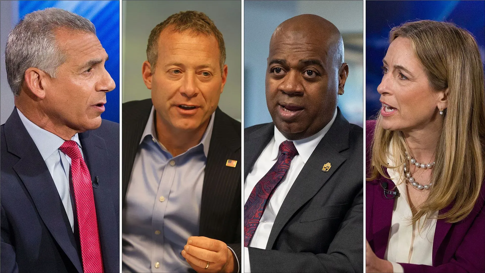 تظهر الصورة أربعة مرشحين بارزين للانتخابات التمهيدية في نيوجيرسي، مع التركيز على شيريل وشاتاريللي، مما يعكس المنافسة السياسية الحالية.