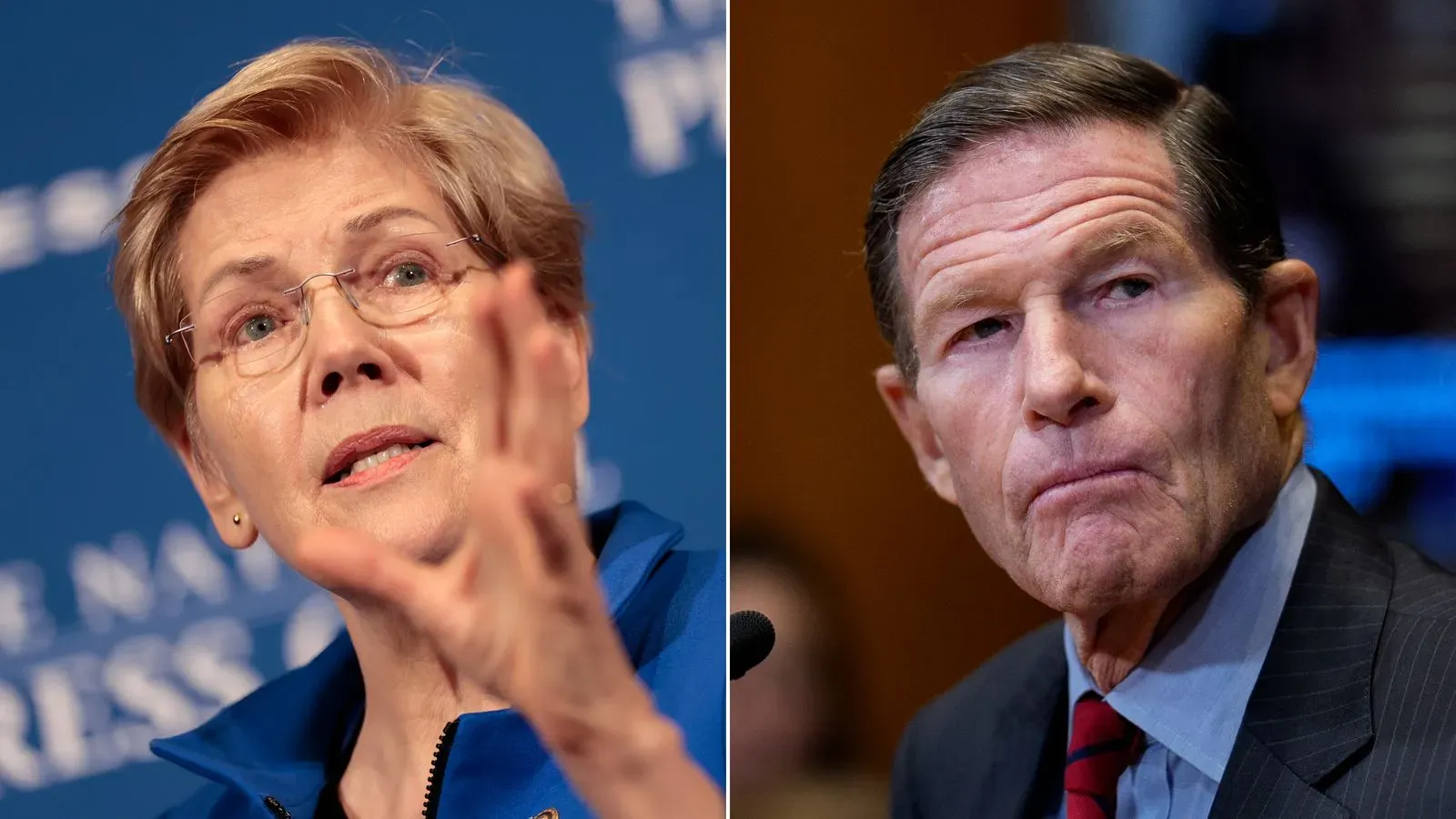 السيناتور إليزابيث وارين والسيناتور ريتشارد بلومنتال يتحدثان خلال مؤتمر صحفي حول قروض وعقود البنتاغون المرتبطة بعائلة ترامب.