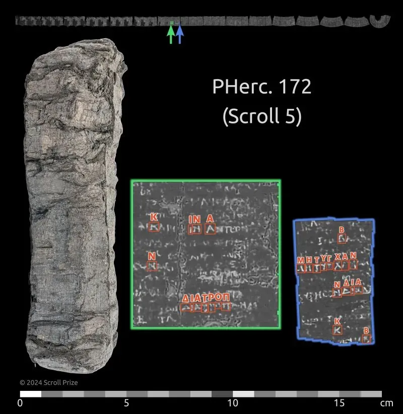 لفيفة هيركولانيوم القديمة PHer. 172، تعرض نصوصًا يونانية، مع كلمة "الاشمئزاز" (διατοροπ) مترجمة، في سياق جهود فك رموز اللفائف باستخدام الذكاء الاصطناعي.