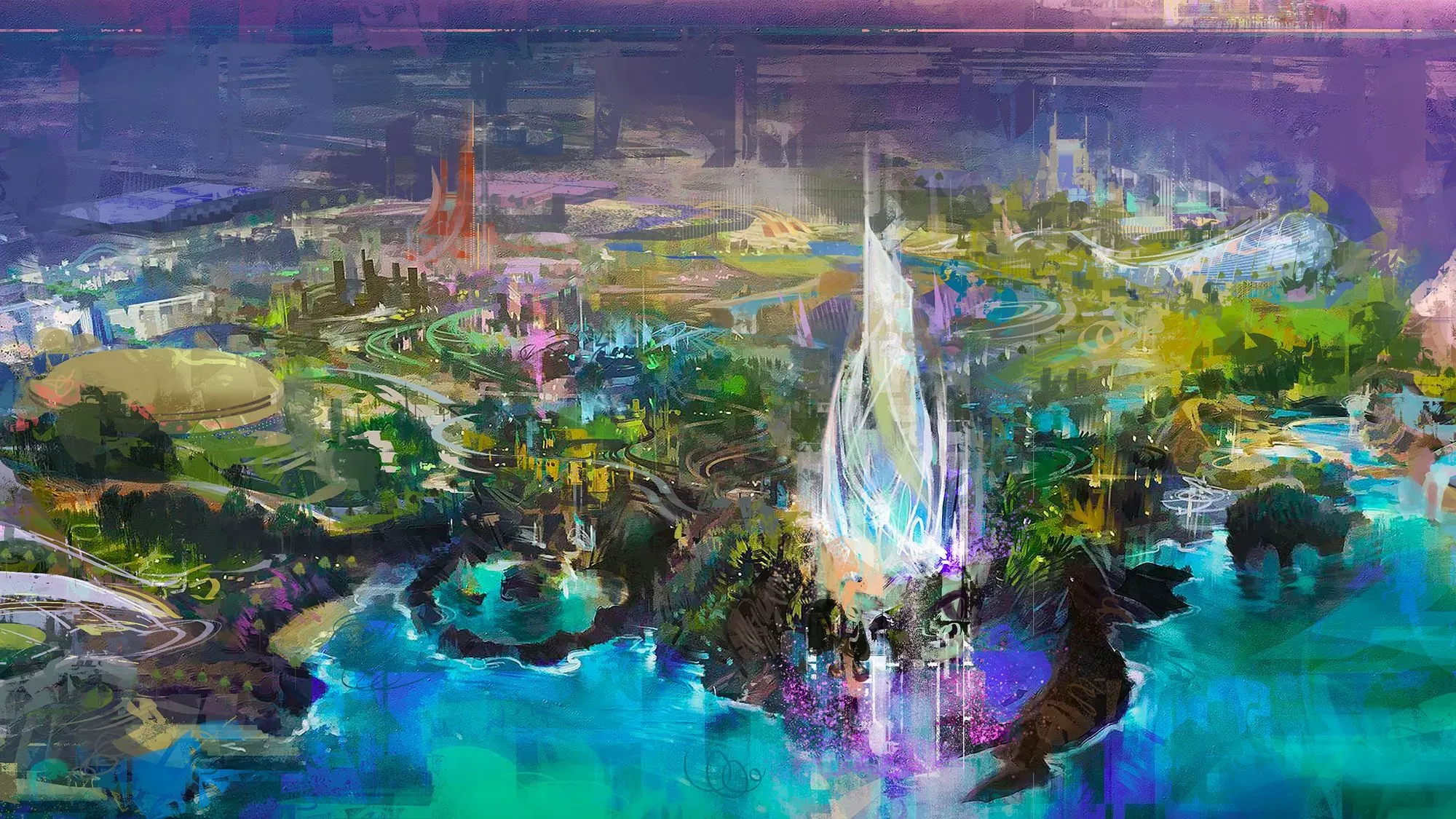 تصميم فني لمنتجع ديزني لاند أبوظبي، يظهر معالم مبتكرة ومائية، يعكس رؤية ديزني المستقبلية في المنطقة.