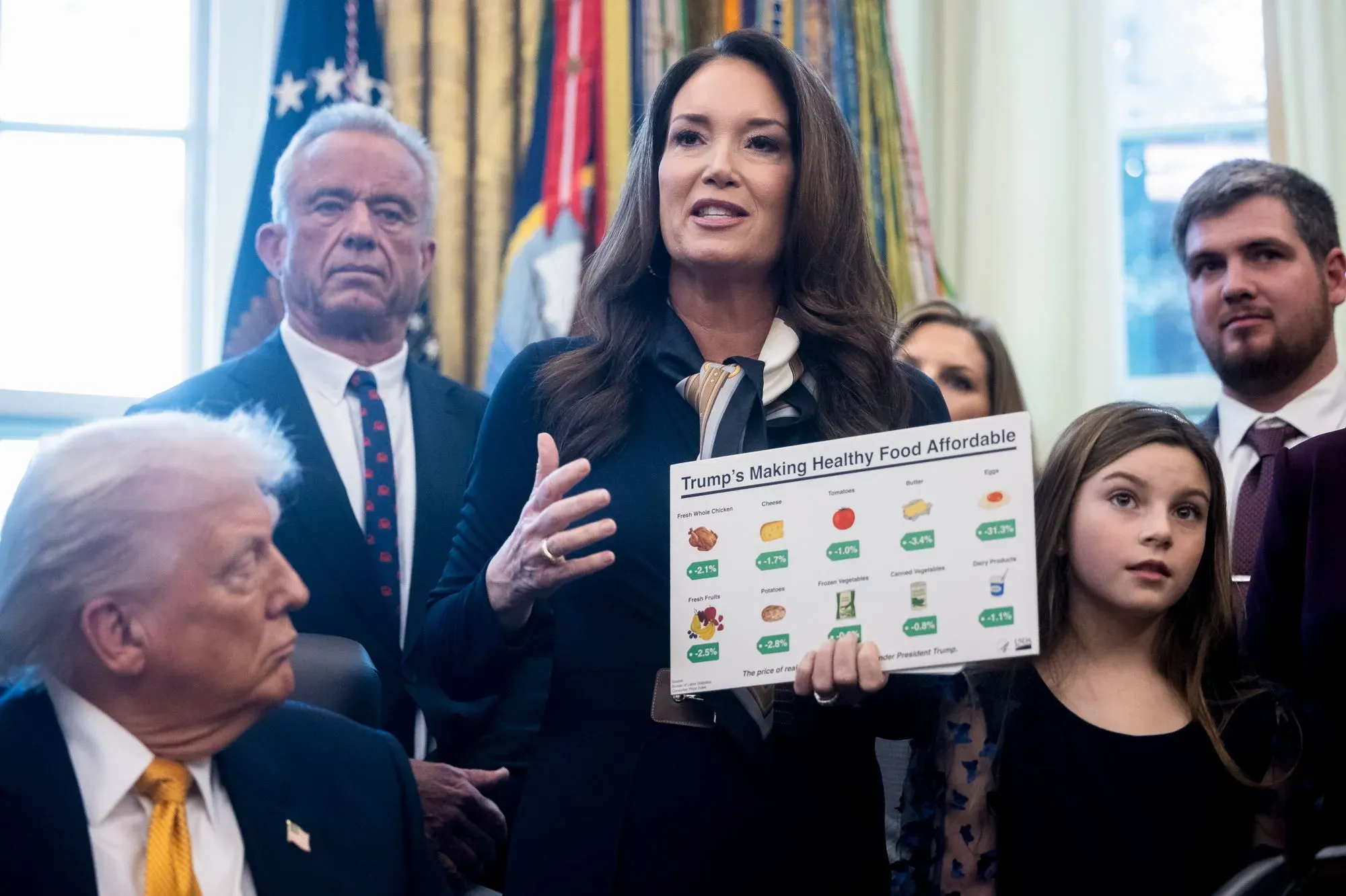امرأة تتحدث في مؤتمر صحفي، تحمل لافتة توضح كيفية جعل الطعام الصحي في متناول الجميع، مع ترامب ومساعدين خلفها.