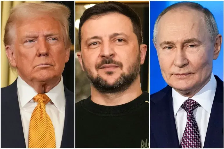 ترامب وزيلينسكي وبوتين في صورة ثلاثية، تعكس التوترات والمفاوضات حول السلام في أوكرانيا.
