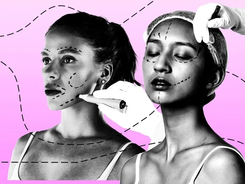 صورة توضح تقنيات عمليات تجميل الوجه، مع رسم خطوط توجيهية على وجهين لامرأتين، تعبيراتهن تظهر التركيز على تحسين الملامح.