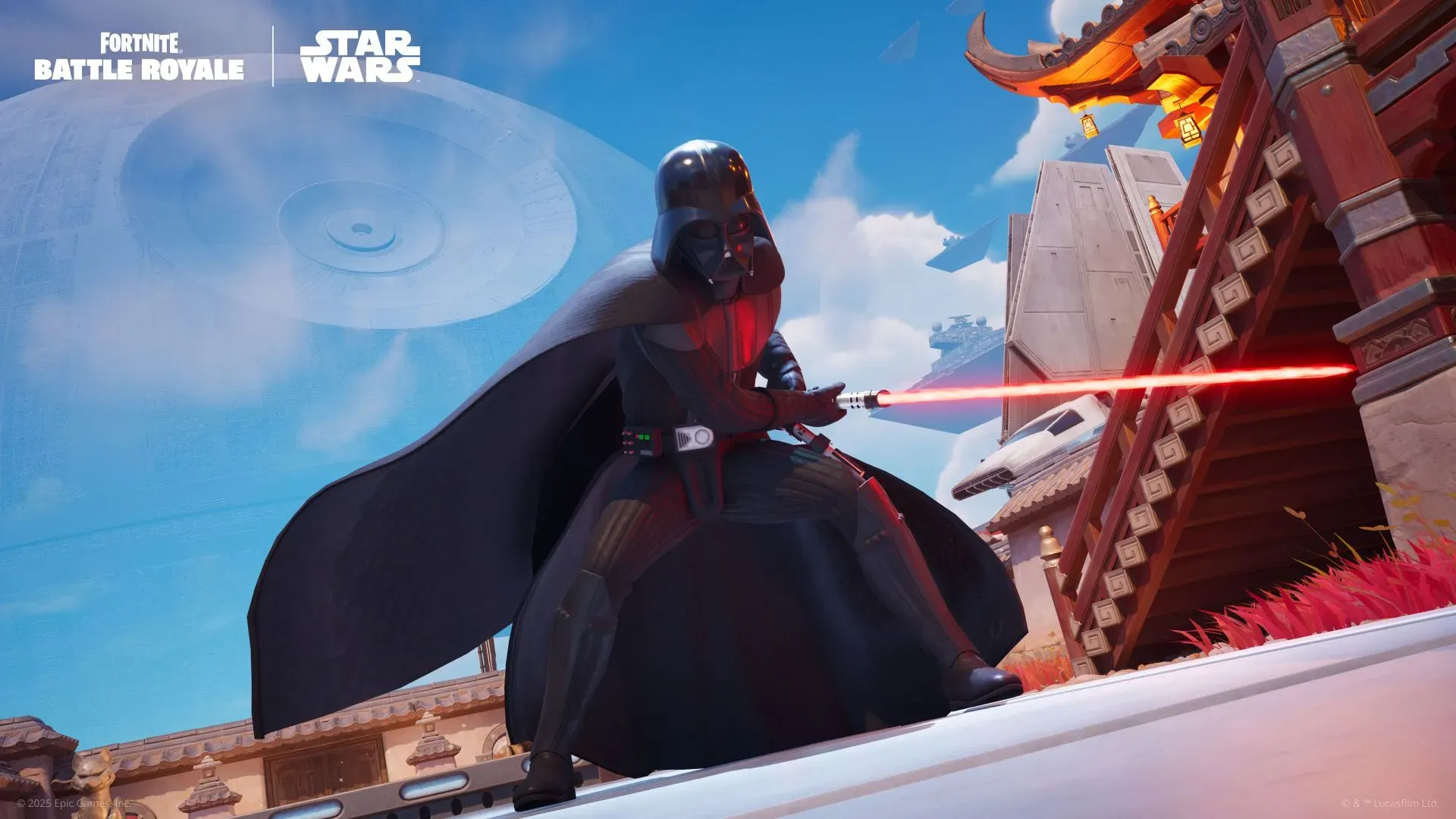 شخصية دارث فيدر تحمل سيف ضوئي أحمر في لعبة فورتنايت، مع خلفية من عالم ستار وورز. تعكس الصورة قضايا استخدام الذكاء الاصطناعي في صناعة الألعاب.