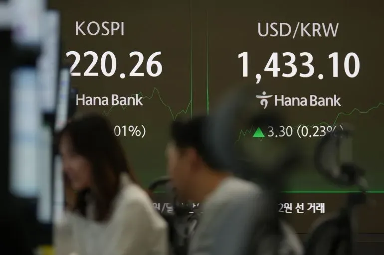 مؤشر KOSPI في كوريا الجنوبية يظهر ارتفاعًا ملحوظًا بنسبة 76%، مع تفاصيل أسعار العملات في خلفية مشغلي السوق.