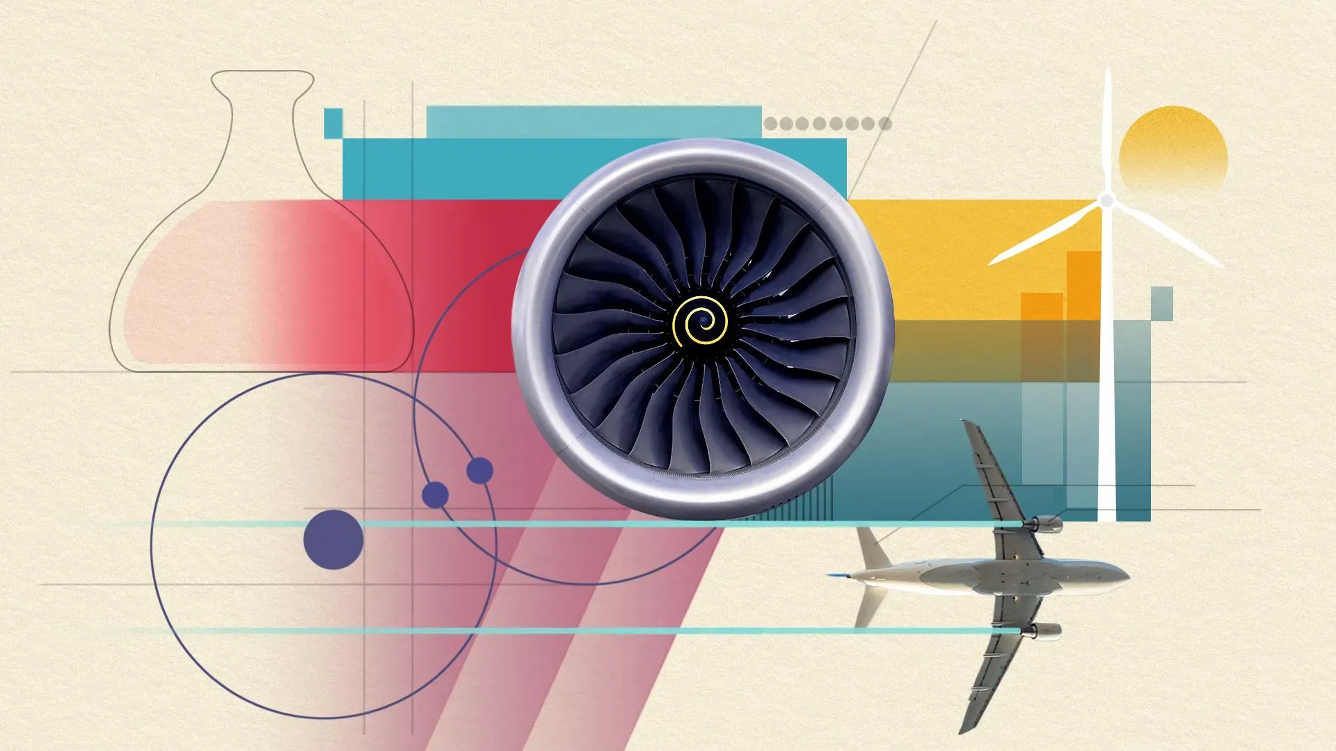 محرك طائرة حديث مع خلفية ملونة تعكس تكنولوجيا الوقود المستدام، يرمز إلى مستقبل الطيران الخالي من الانبعاثات.