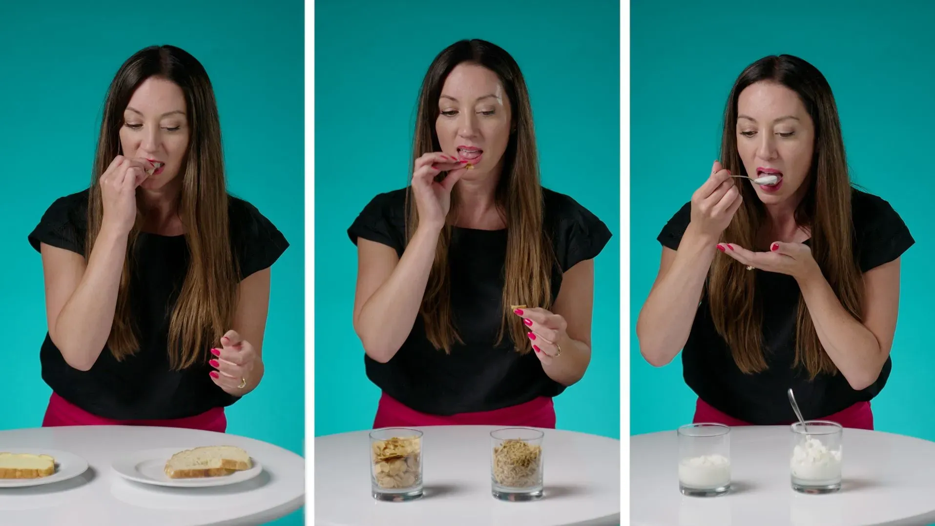 امرأة تتناول أطعمة مختلفة، مثل الخبز والحبوب والزبادي، في سياق دراسة حول تأثير النظام الغذائي على الدورة الشهرية لدى الفتيات.