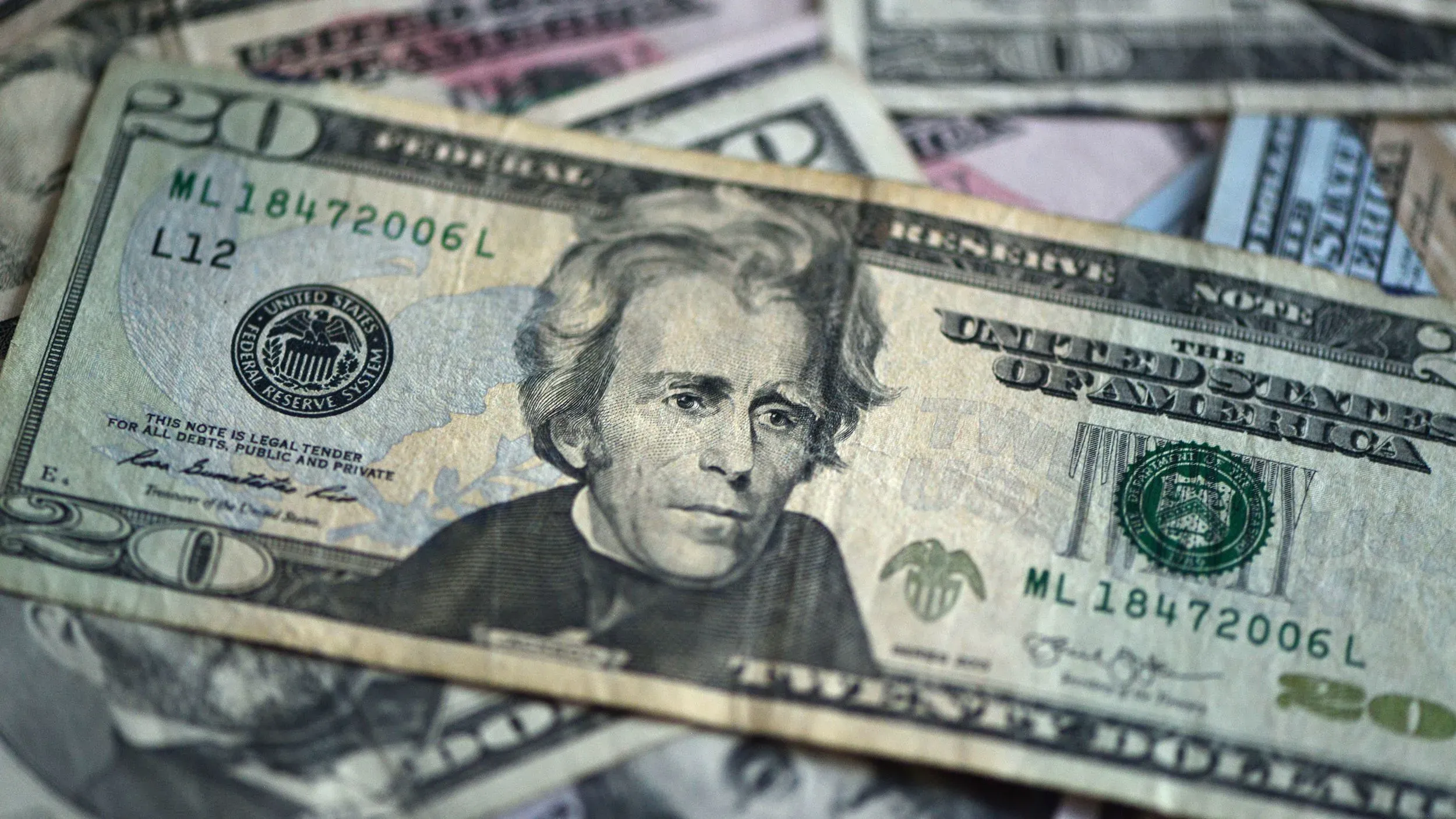 صورة لورقة العشرين دولارًا التي تحمل صورة أندرو جاكسون، وسط أوراق نقدية أخرى، في سياق دعوة لتغييرها إلى هارييت توبمان.