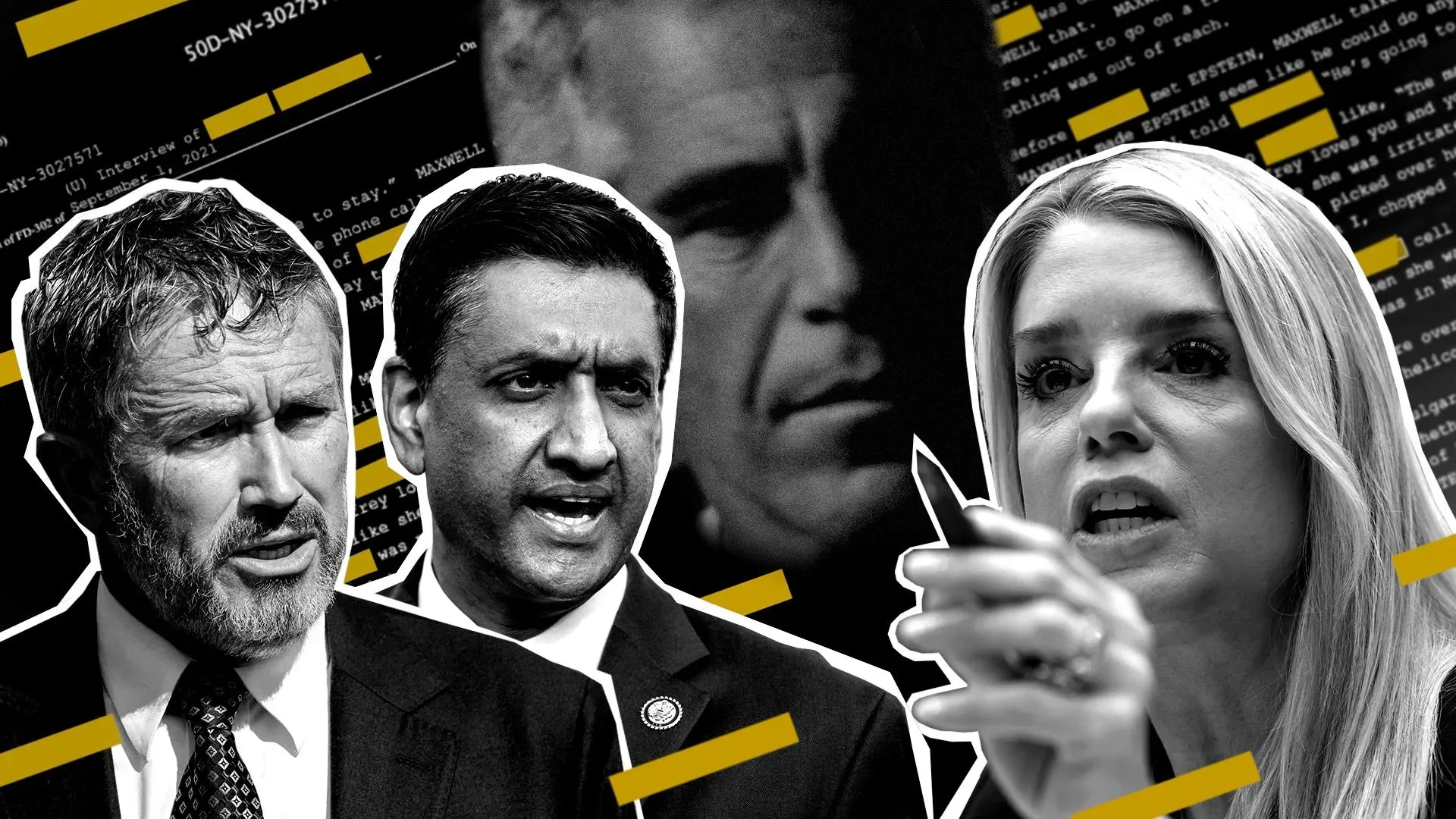 صورة توضح النقاش حول ملفات جيفري إبستين، مع ظهور أعضاء الكونغرس مثل رو خانا وتوماس ماسي وبام بوندي، في إطار جهود الكشف عن المعلومات المحجوبة.