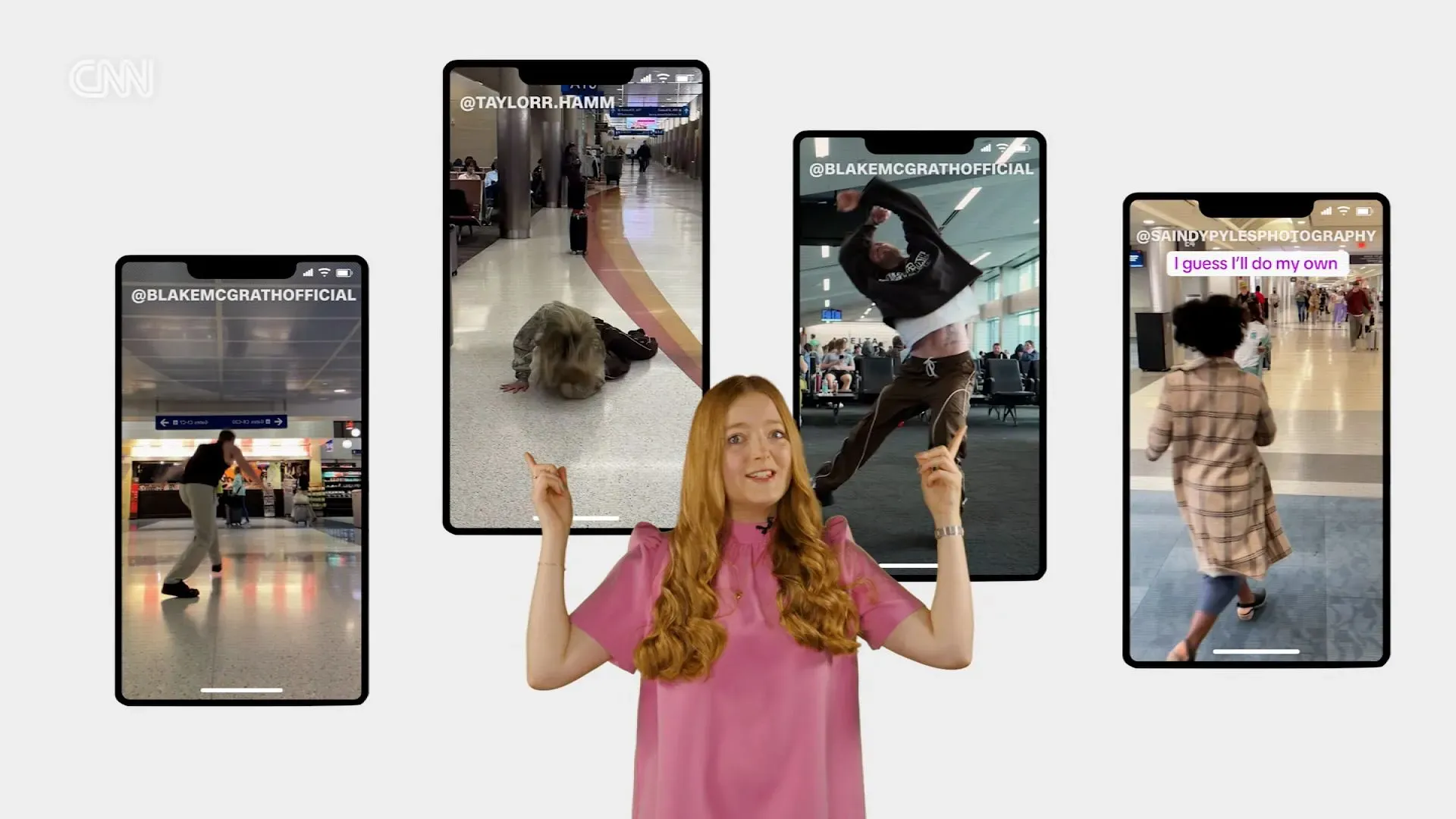 شخصية ترقص في مطار، محاطة بشاشات تعرض مقاطع فيديو لراقصين آخرين، تعكس ظاهرة رقص المسافرين على أنغام سيلين ديون.