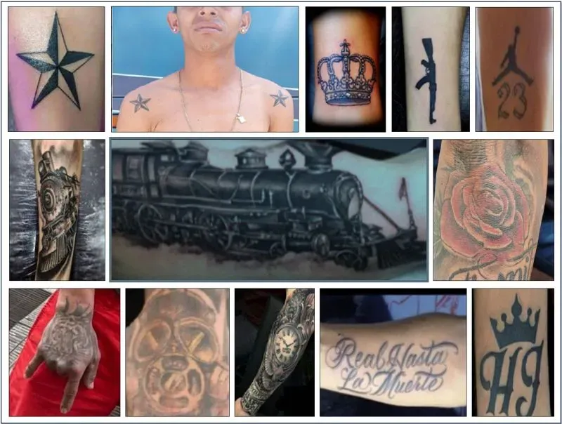 تظهر الصورة مجموعة من الأوشام على أذرع مختلفة، تشمل نجوم، وتاج، ورسم لقطار، مما يعكس اهتمامات شخصية مثل كرة القدم.