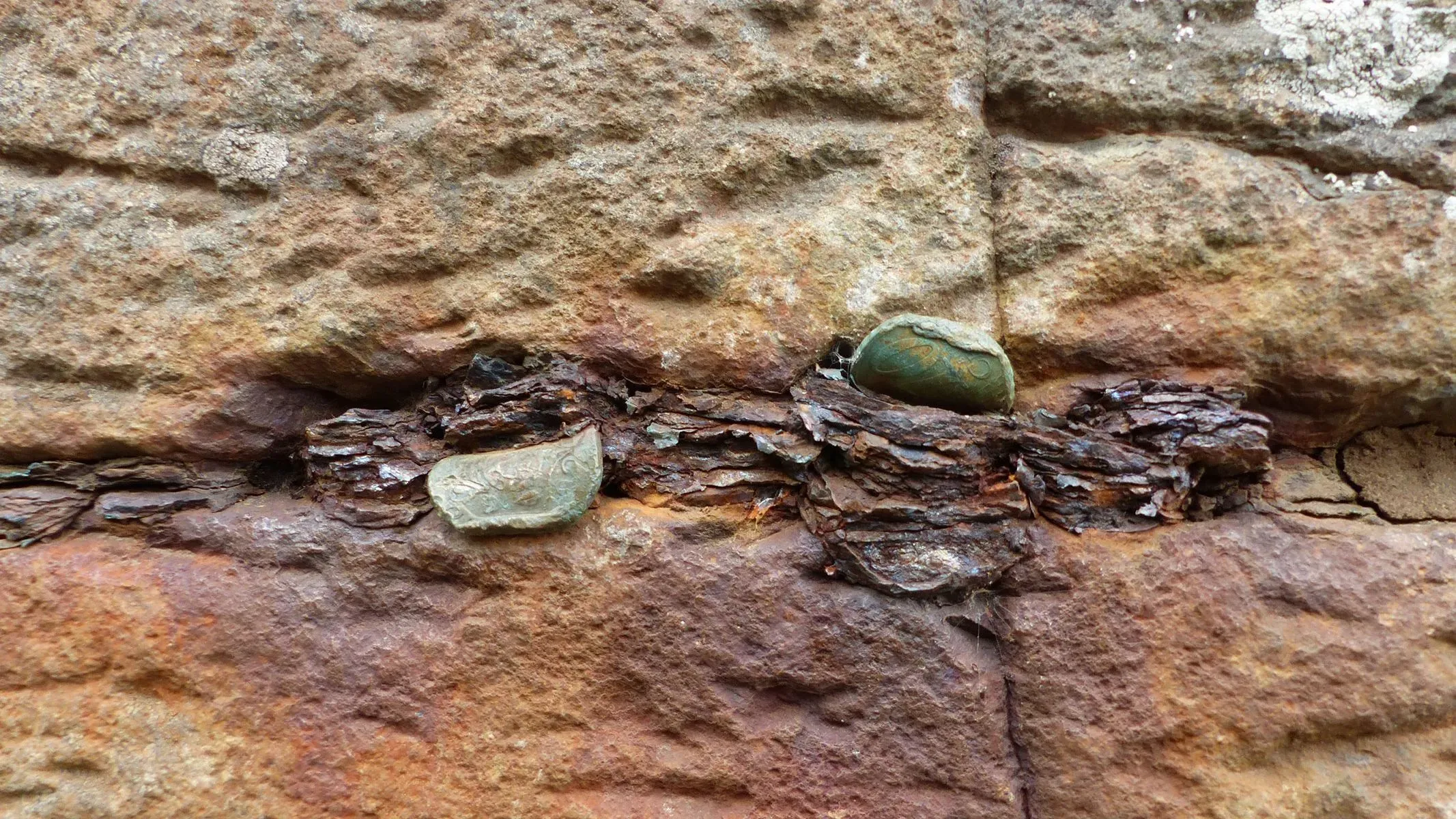 تظهر الصورة عملات معدنية متآكلة بين أعمدة صخرية في جسر العملاق، مما يبرز الأضرار التي تسببها هذه الممارسة على الموقع التراثي.