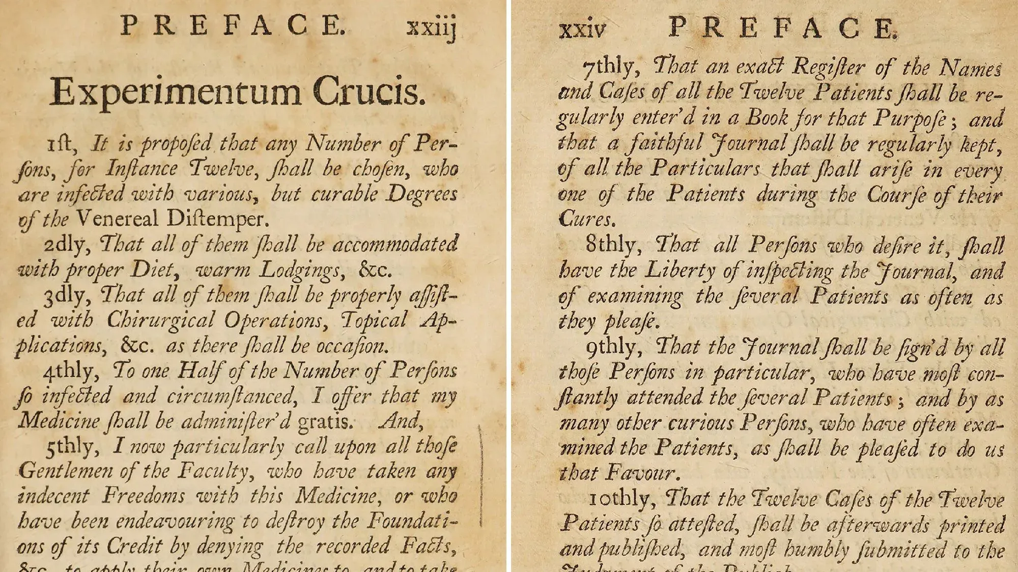 مقترح دراسة هوكسيبي من عام 1743، يوضح تصميم تجربة سريرية مبكرة لعلاج الأمراض التناسلية، مع التركيز على مقارنة العلاجات المختلفة.