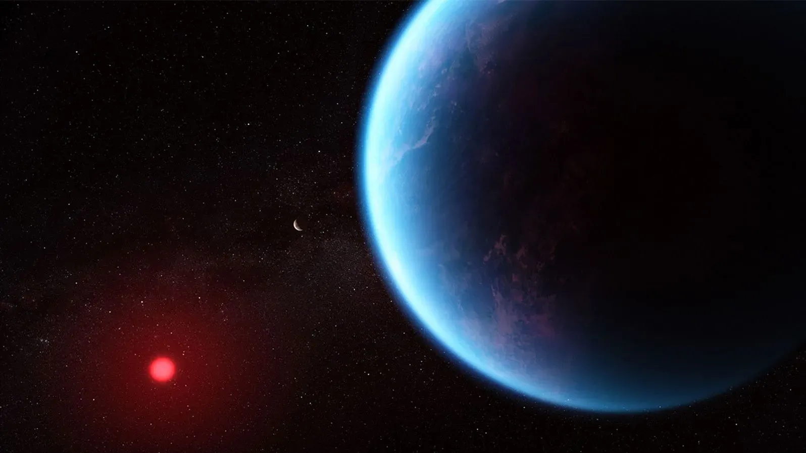 كوكب K2-18b يظهر في الفضاء، محاطًا بغيوم زرقاء، مع نجم أحمر في الخلفية، مما يشير إلى بحث عن علامات الحياة خارج الأرض.