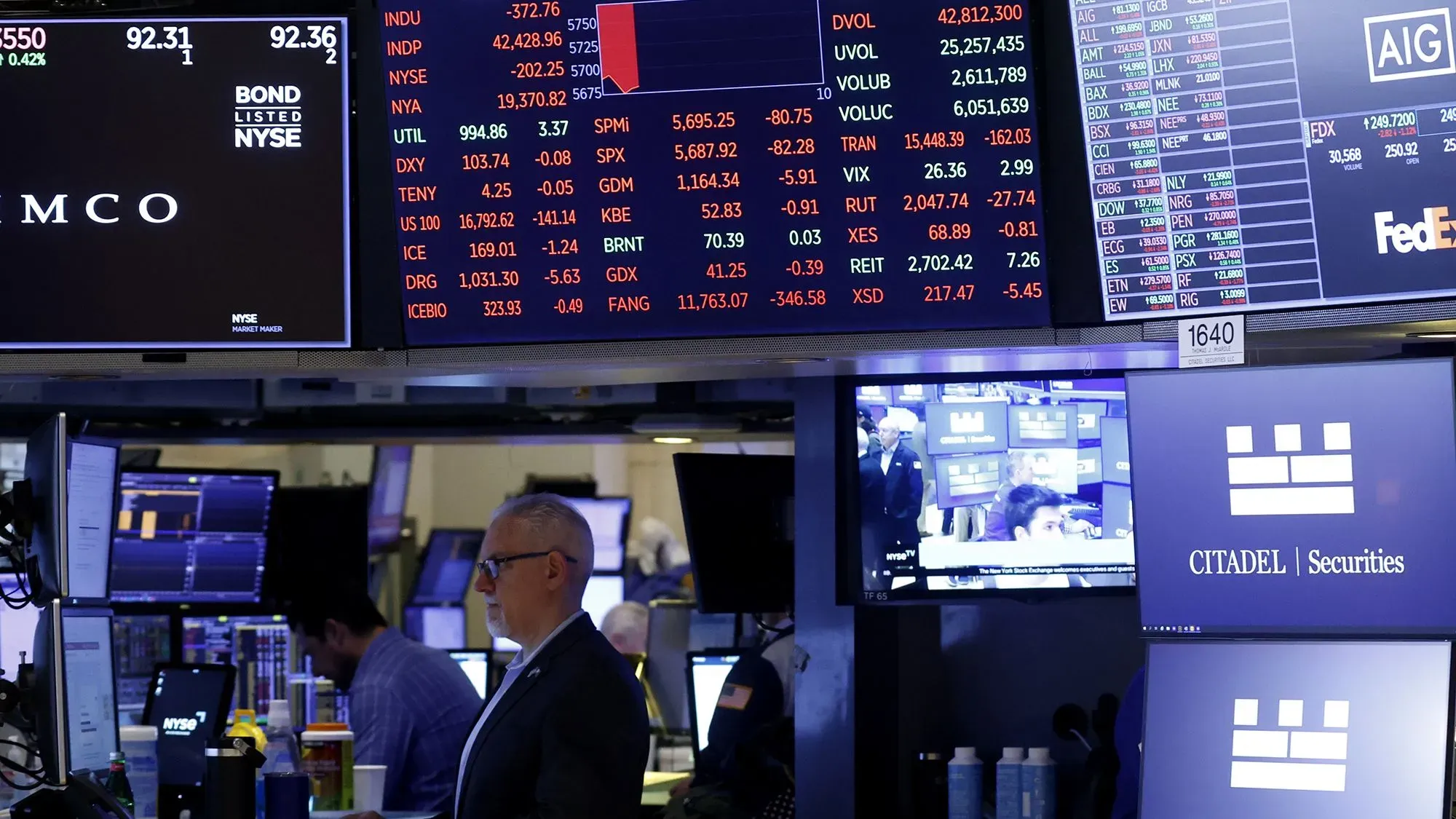 شاشة تداول في سوق الأسهم تعرض مؤشرات السوق وأسعار الأسهم، مع وجود متداولين في الخلفية، تعكس حالة عدم اليقين الاقتصادي.