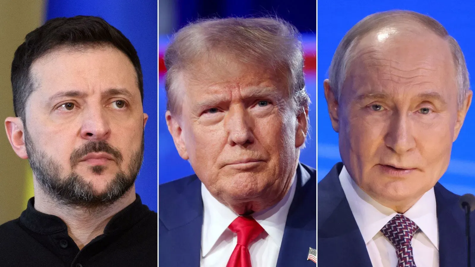 صورة ثلاثية تظهر الرئيس الأوكراني فولوديمير زيلينسكي، والرئيس الأمريكي دونالد ترامب، والرئيس الروسي فلاديمير بوتين، مع تعبيرات جادة تعكس التوترات السياسية حول الحرب في أوكرانيا.