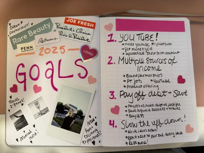 دفتر ملاحظات مخصص لأهداف عام 2025، يحتوى على قائمة متعددة لتحقيق أهداف، ملون ومرصع بأقوال وصور ملهمة.