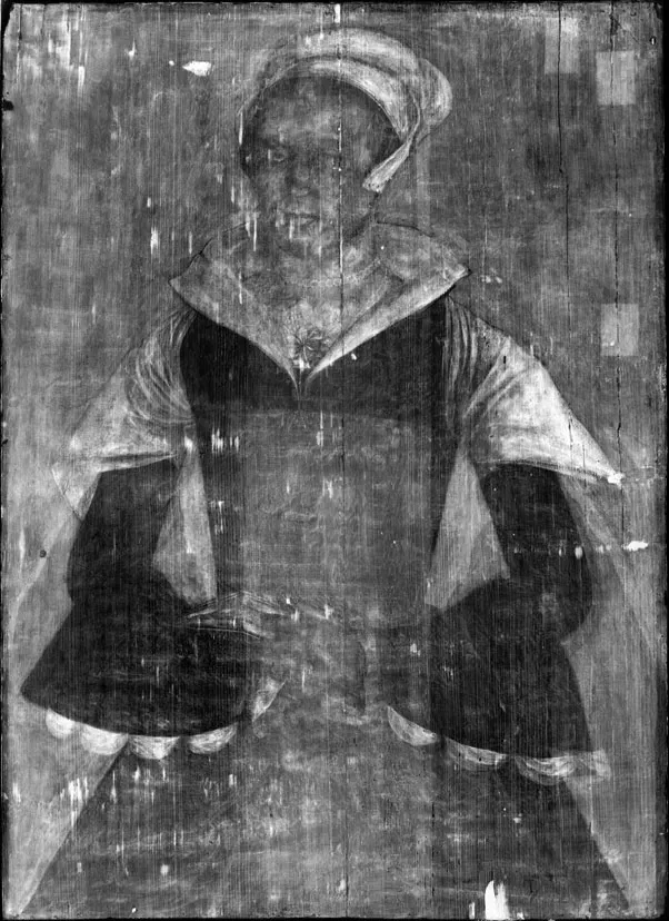 صورة لليدي جين غراي، ترتدي قبعة وشالاً أبيضين، تعكس التغيرات الفنية والتاريخية حول هويتها كملكة قصيرة الحكم.