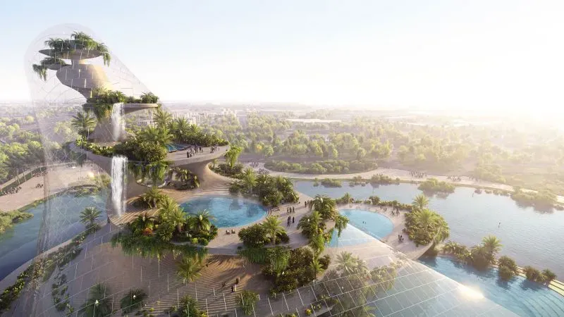 مشروع "ثيرم دبي - جزر في السماء" يظهر تصميمًا مبتكرًا مع حدائق معلقة وبرك مياه حرارية، مما يعزز الرفاهية في دبي.