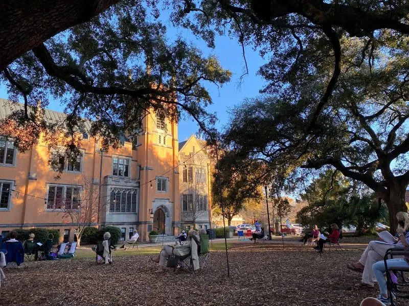 طلاب يجلسون تحت أشجار كبيرة في حرم جامعي، يستمتعون بأشعة الشمس في يوم ربيعي، مع مبنى تاريخي في الخلفية.