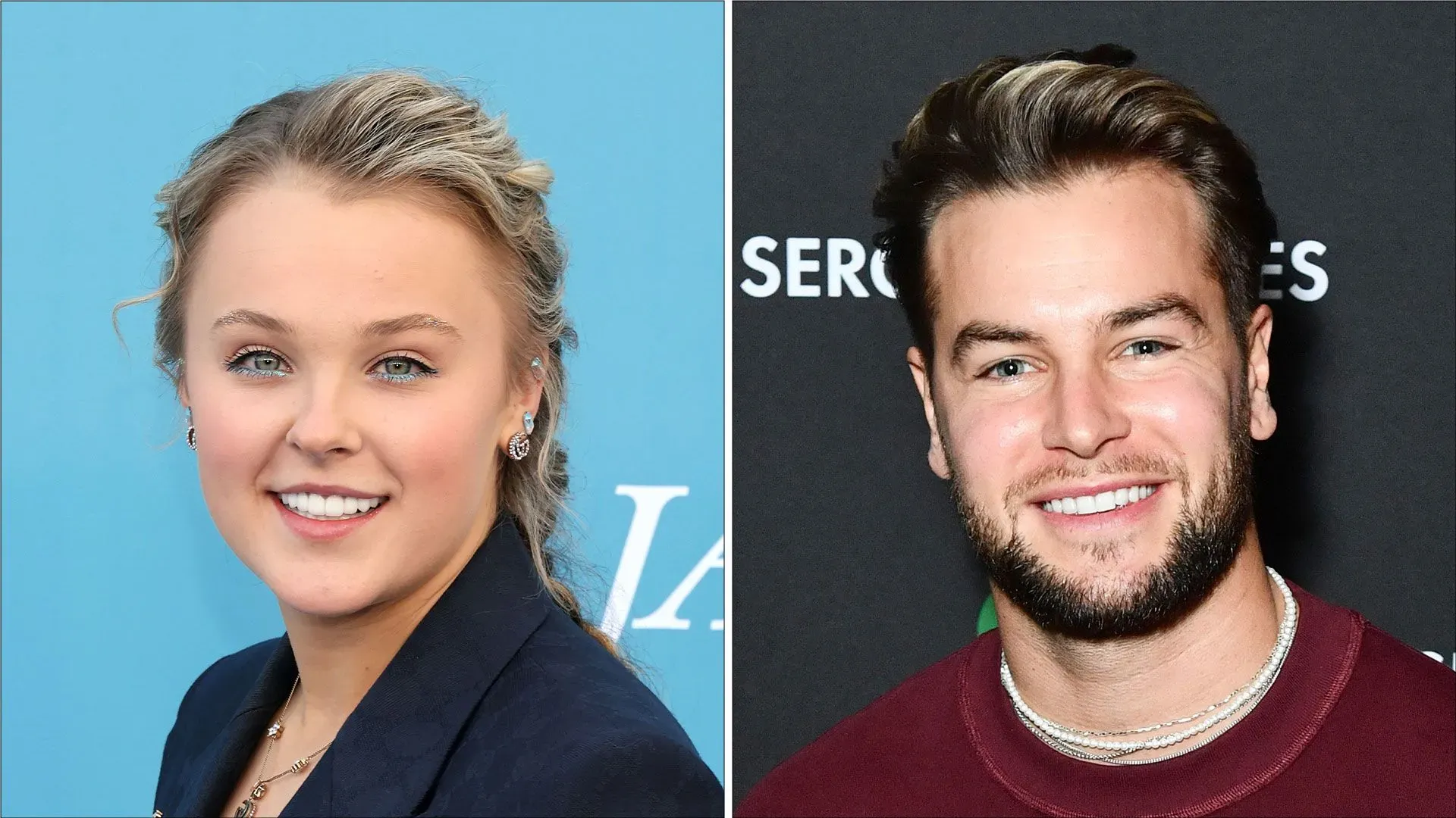 جوجو سيوا وكريس هيوز يبتسمان في صورة توضح علاقتهما الجديدة، مع خلفية ملونة تعكس أجواء السعادة والارتباط.