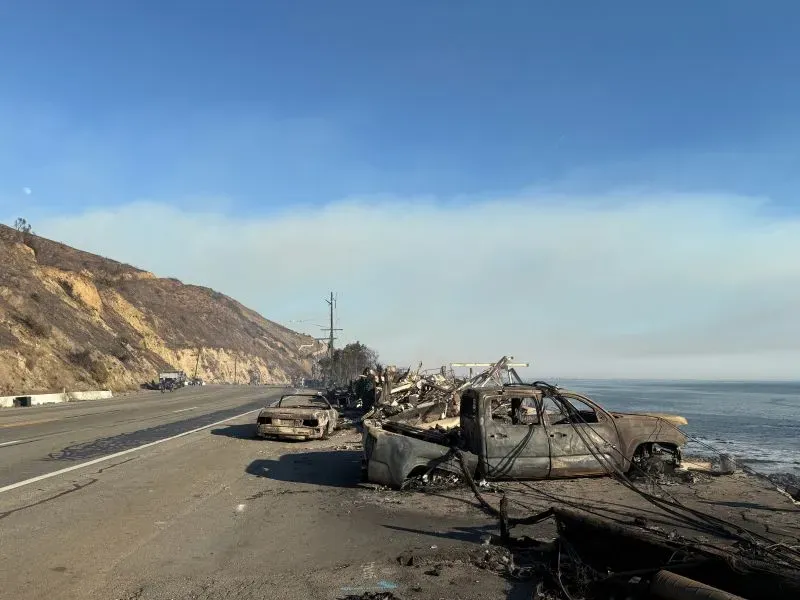 مشهد لحريق في باليساديس يظهر سيارات محترقة على جانب الطريق مع دخان يتصاعد في الأفق، مما يعكس آثار الحرائق المدمرة في المنطقة.