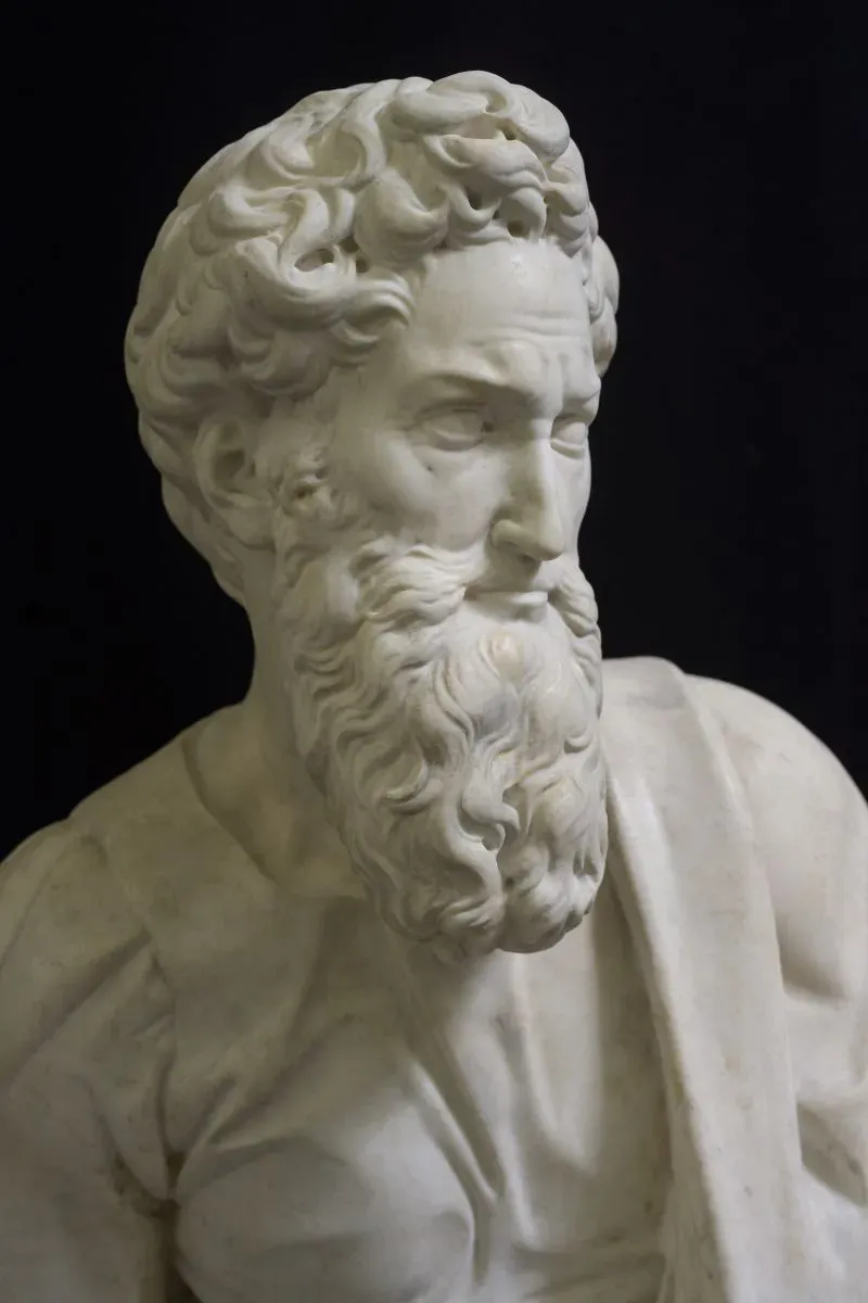 تمثال نصفي من الرخام لمايكل أنجلو، يظهر تفاصيل دقيقة في الشعر واللحية، يعكس قوة التعبير الفني للفنان.