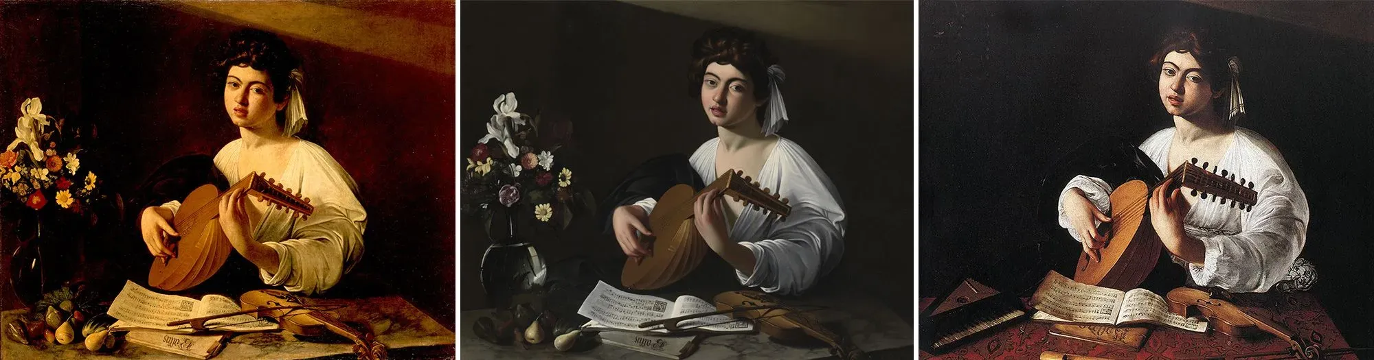 ثلاث نسخ من لوحة "عازف العود" تُظهر شابًا يرتدي ثيابًا بيضاء ويحمل آلة العود، مع تفاصيل تعكس أسلوب كارافاجيو في استخدام الضوء والظل.