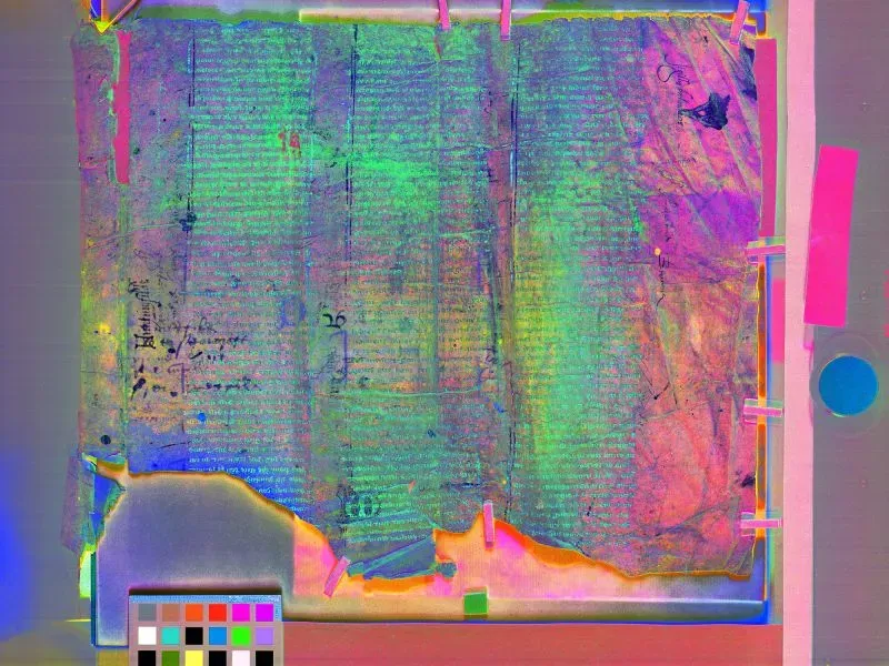 صفحات مخطوطة نادرة من القرن الثالث عشر تحتوي على نصوص باللغة الفرنسية القديمة تتعلق بقصص الملك آرثر وميرلين، تم تصويرها بتقنيات حديثة.