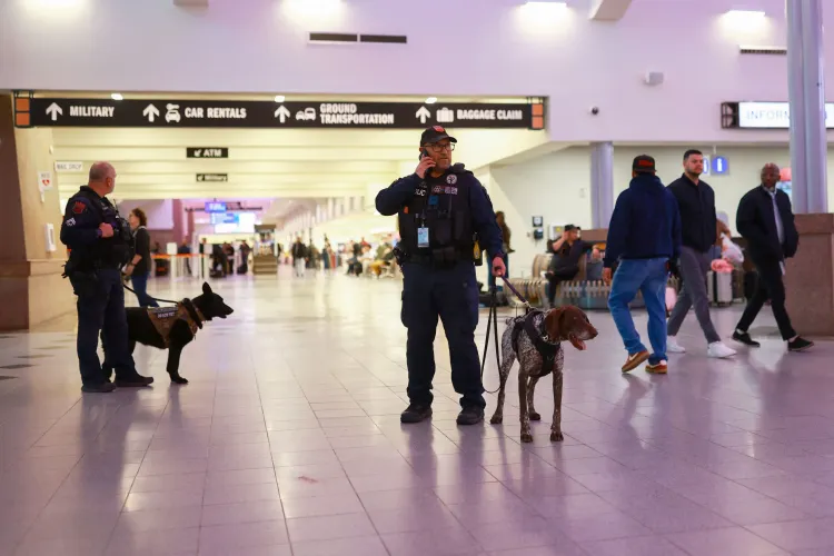 رجال أمن يرتدون زيًا رسميًا في مطار، مع كلاب بوليسية، يتفقدون المنطقة وسط حركة المسافرين، في سياق إغلاق المجال الجوي.