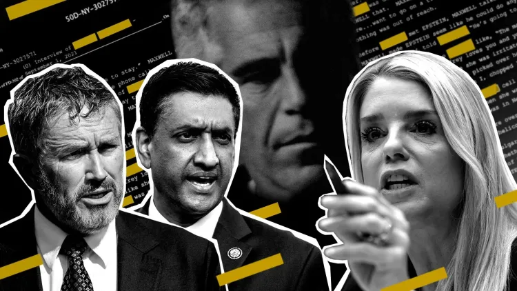 صورة توضح النقاش حول ملفات جيفري إبستين، مع ظهور أعضاء الكونغرس مثل رو خانا وتوماس ماسي وبام بوندي، في إطار جهود الكشف عن المعلومات المحجوبة.