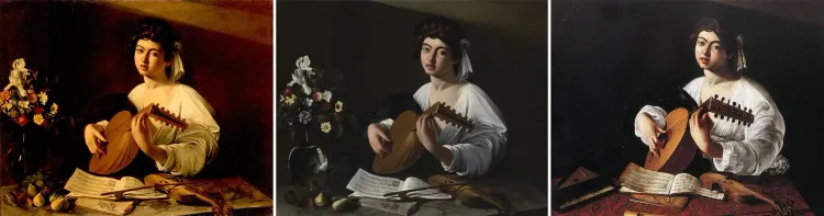 ثلاث نسخ من لوحة "عازف العود" تُظهر شابًا يرتدي ثيابًا بيضاء ويحمل آلة العود، مع تفاصيل تعكس أسلوب كارافاجيو في استخدام الضوء والظل.