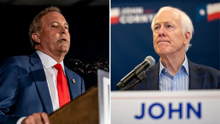 تظهر الصورة كين باكستون وجون كورنين، المرشحان الجمهوريان في انتخابات تكساس التمهيدية لمجلس الشيوخ، خلال خطاباتهما.